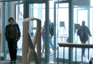 students walking through library gate