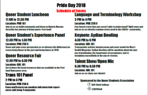 Title: Pride Day 2018 Schedule of Events Description: Queer Student Luncheon 11 a.m. to 12:30 p.m., Location PUB 161, Join us as we build community and listen to Valerie Moreno describe her journey of being queer. Free food! Queer Student's Experience Panel 12:30 p.m. to 1:30 p.m. Location: PUB 258 A Come and gain a new perspective as we discuss the difference between being Queer in the past and being Queer in 2018 Queer Resource Fair 12:30 p.m. to 4:30 p.m. Location: GHL 101 Get to know the local resources that are available in the Portland/Vancouver area. Trans 101 Panel 2 p.m. to 3 p.m. Location: PUB 258 A Come and listen to our panelists talk about their experiences with being Transgender. Language and Terminology Workshop 3 p.m. to 4 p.m. Location: PUB 258 A Ever heard a term that you weren't able to understand? Well come and join us as we closely examine terms used in the LGBTQ+ community. Keynote: Aydian Dowling 4:30 p.m. to 6 p.m. Location: GHL 101, Transgender activist, businessman and cover model for Men's Health Magazine, Aydian Dowling will be speaking about his journey transitioning, the importance of acceptance, and re-imagining masculinity in the age of #metoo. Talent Show/Open Mic 6:30 p.m. to 8:30 p.m. Location: GHL 101 Join us as we share our talents! Sponsored by the Queer Students Association Facebook QSA Clark College Instagram @QSAClark