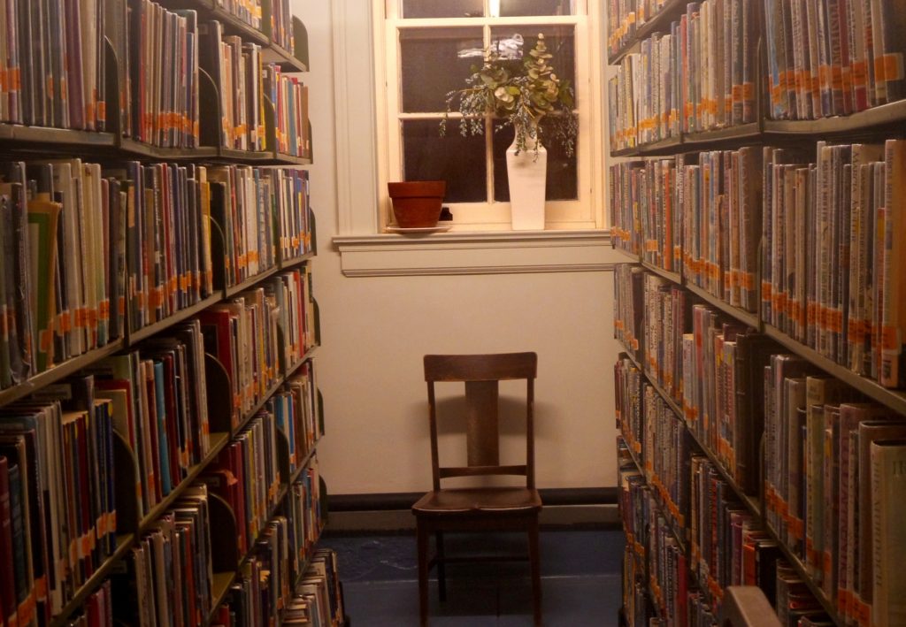 Two bookshelves in the library with lots of books