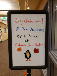 Sign in hallway reading CTC 10 year anniversary