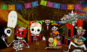 Illustration of cartoon characters dressed for Dia De Meuertos. or the Day of the Dead
