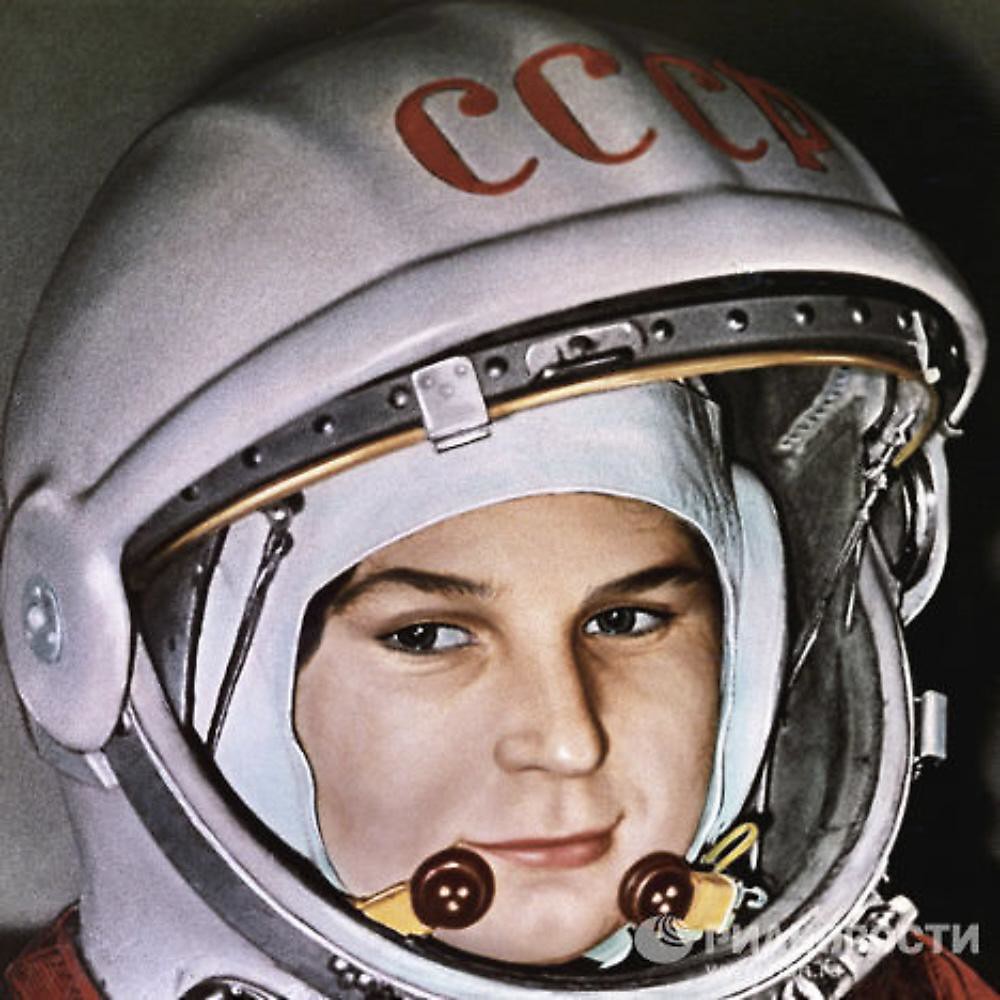 Photo of Cosmonaut Valentaina Tereshkova in a space suit.
