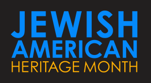 Blue text reads "Jewish American" and orange text reads "Heritage Month" on a black background