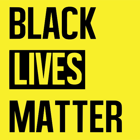 Black design and lettering on a yellow background reads "Black Lives Matter"