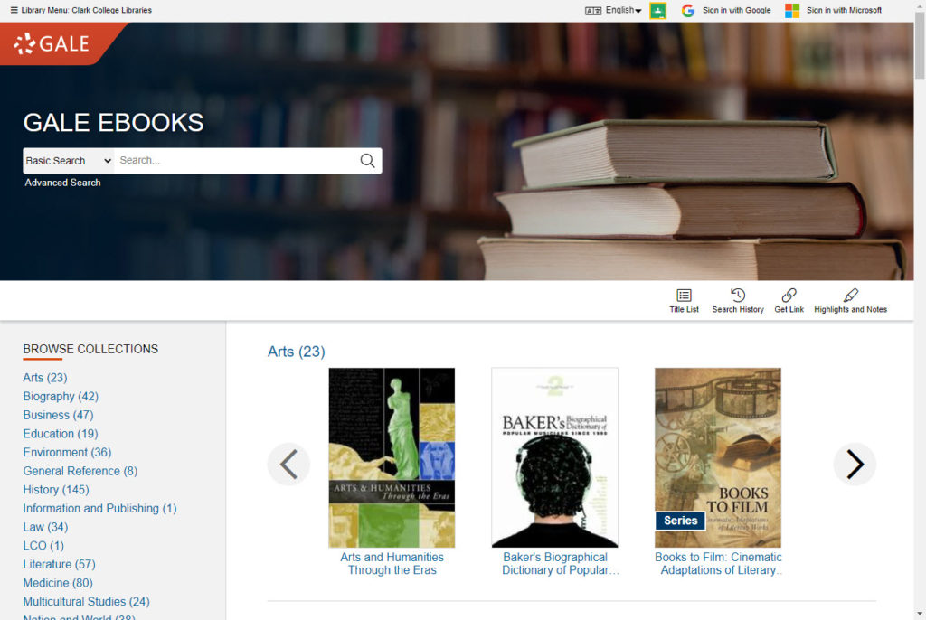 The Gale Virtual Reference Homepage shows a search box, a list topics under "Browse Collections," and three Art book covers at the top of the page.