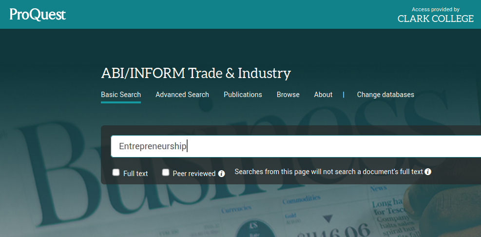 ABI/INFORM Trade & Industry basic search for entrepreneurship