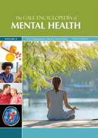 Book cover title reads "The Gale Encyclopedia of Mental Health" above a main image of a white woman sitting cross-legged in meditation under a lakeside tree, with smaller images of a prescription medicine bottle, a black woman with a child, a white man kissing a white woman's forehead, and a brain scan.