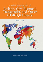 Book cover title reads "Global Encyclopedia of Lesbian, Gay, Bisexual, Transgender, and Queer (LGBTQ) History" above a stylized world map with white oceans and rainbow colored land