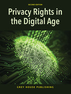 Book cover title reads "Privacy Rights in the Digital Age" above a green fingerprint with green symbols and a circuit boards streaming around it