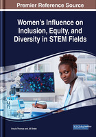 book cover title reads "Women's Influence on Inclusion, Equity, and Diversity in STEM Fields" and shows a Black woman wearing her doctor lab coat sitting in front of a computer with a writing utensil in hand.