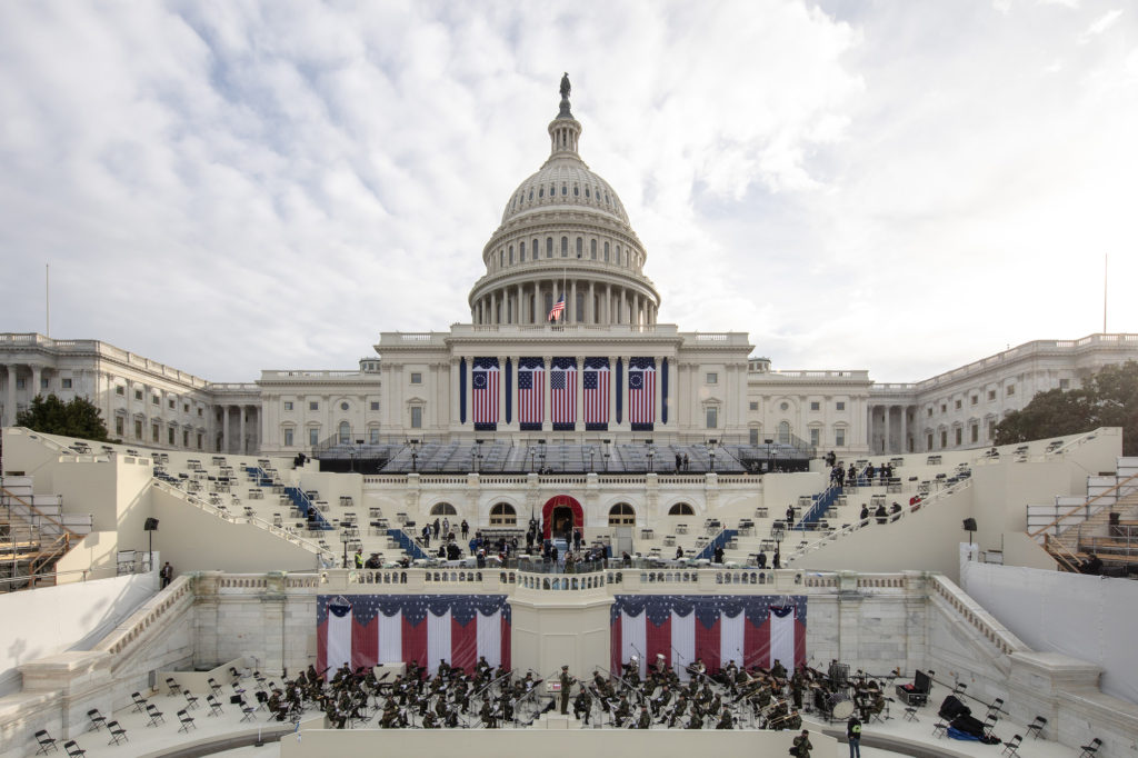 A photo of the US Capitol preparing for the 2021 Presidential Inauguration.