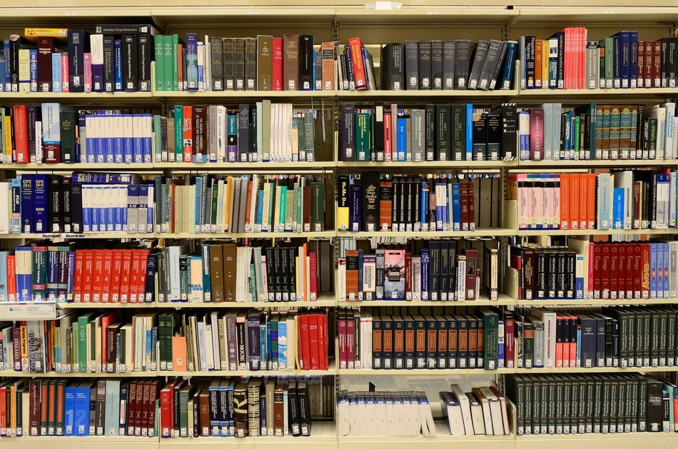 several shelves of library books