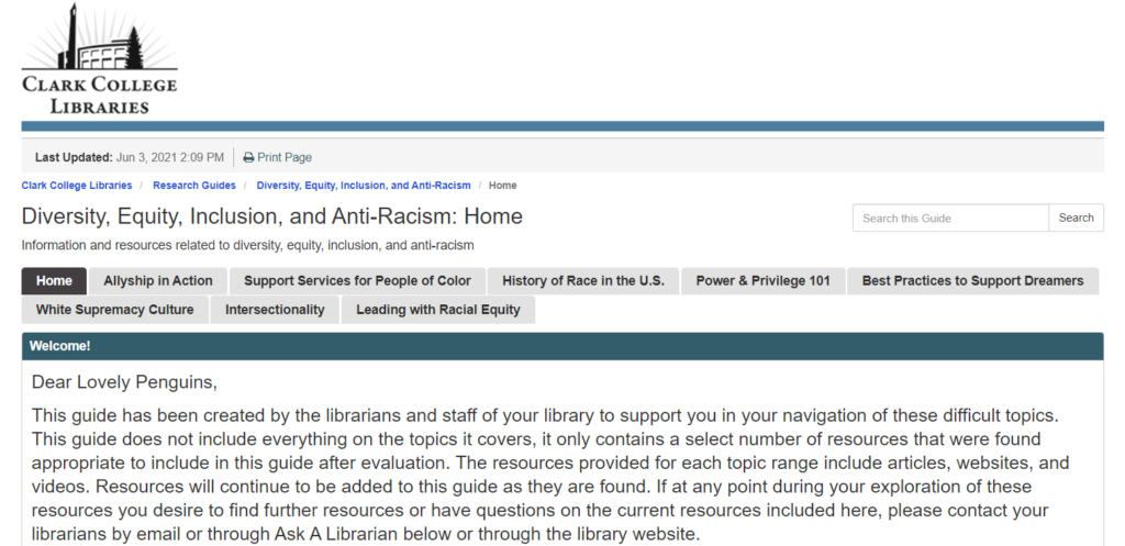 Screenshot of Diversity, Equity, Inclusion, and Anti-Racism Online Guide