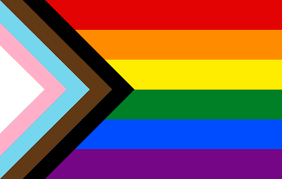 Red, orange, yellow, green, blue, and purple rainbow pride flag with an additional a chevron along the hoist that features black, brown, light blue, pink, and white stripes.