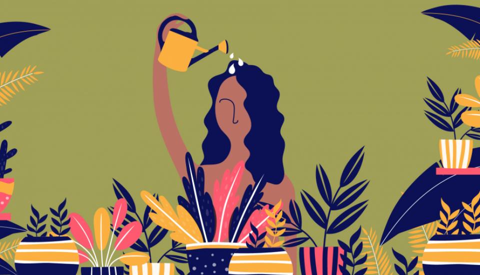 An illustration of a woman with dark skin and curly hair. She is surrounded by plants and watering herself with a watering can.