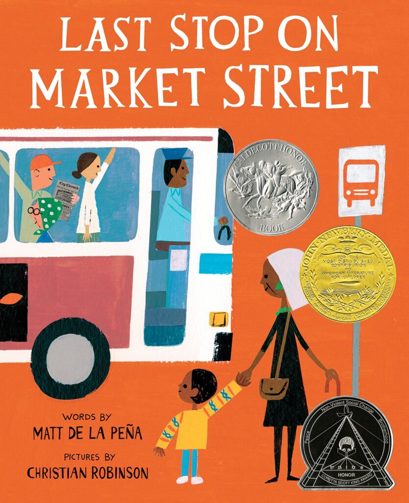 Cover of Last Stop on Market Street showing a Black boy and his grandmother at a bus stop