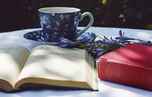 Two books, one is open the other is closed. A teacup sits next to a small bouquet of flowers