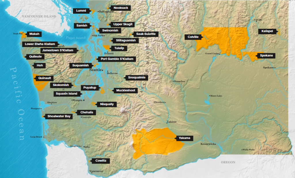 Map of Washington with the 29 tribes of Washington noted.