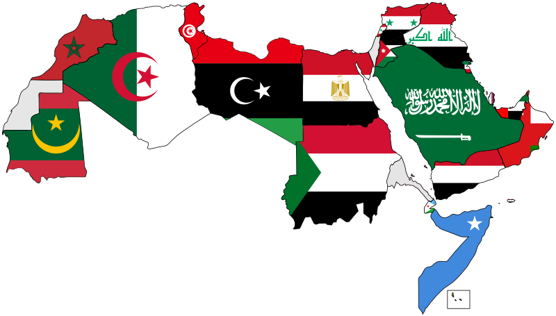 A map of the Arab world with flags superimposed on them