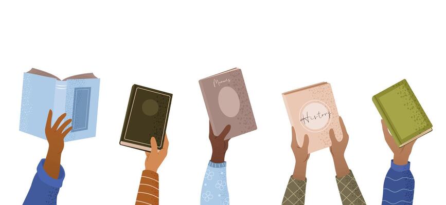 illustrated hands holding books.
