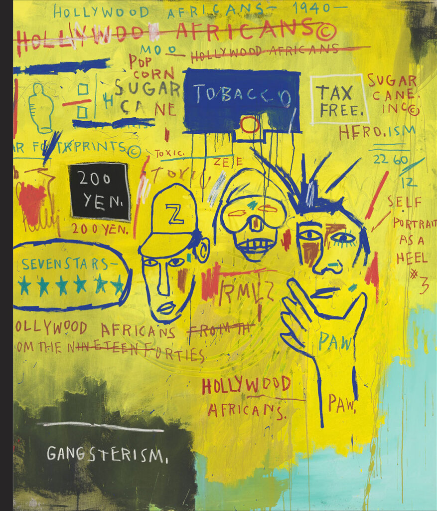 Yellow and blue painted background with figurative sketches and illustrated text by Basquiat