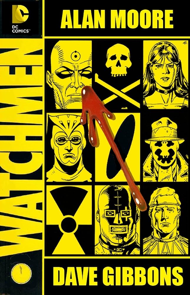 Black and yellow cover of the Watchmen, comic book by Alan Moore and Dave Gibbons