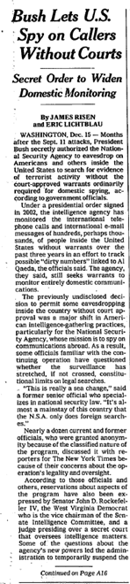 Photocopy of a New York Times column revealing the G. W. Bush administration's domestic spying program