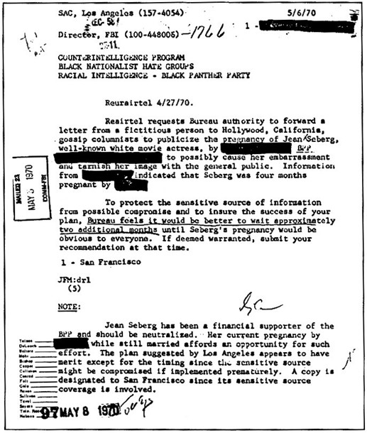 Photocopy of a leaked COINTELPRO document aimed at disparaging Black Panther Party supporter Jean Seberg