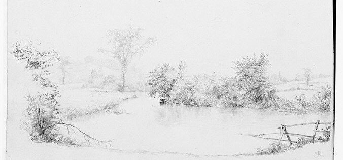 Black and white sketch of a pond in winter